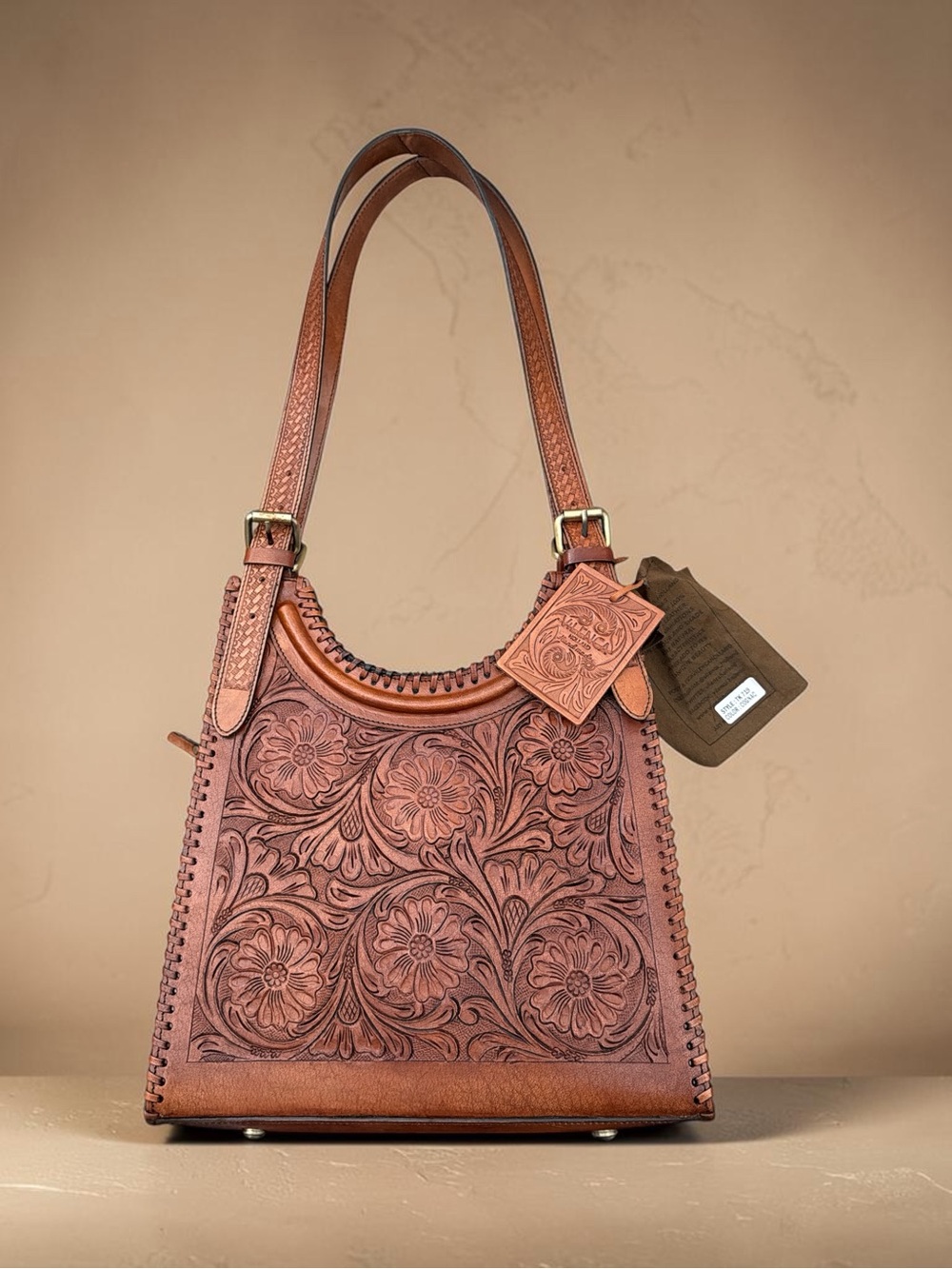 Hand-Tooled Floral Leather Shoulder Bag in Chestnut Brown